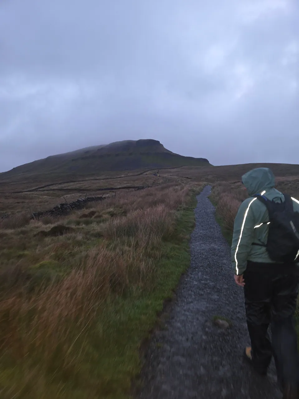 A walker follows a wet path towards a hill beneath grey skies.